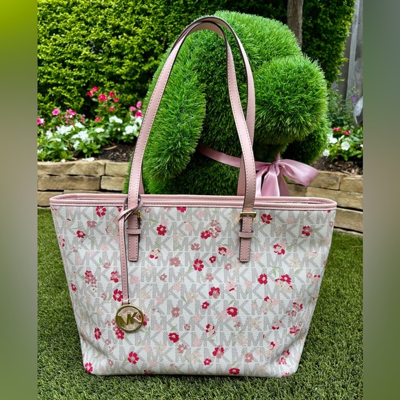 Michael Kors Medium Pink Floral Logo Tote Bag
